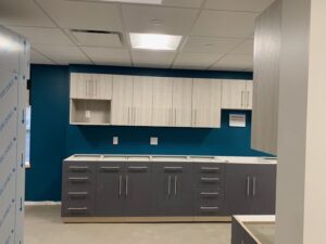 A kitchen with grey cabinets and blue walls.