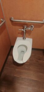 A toilet in a public restroom.