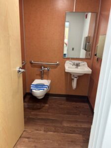 Accessible toilet and sink in a public restroom.